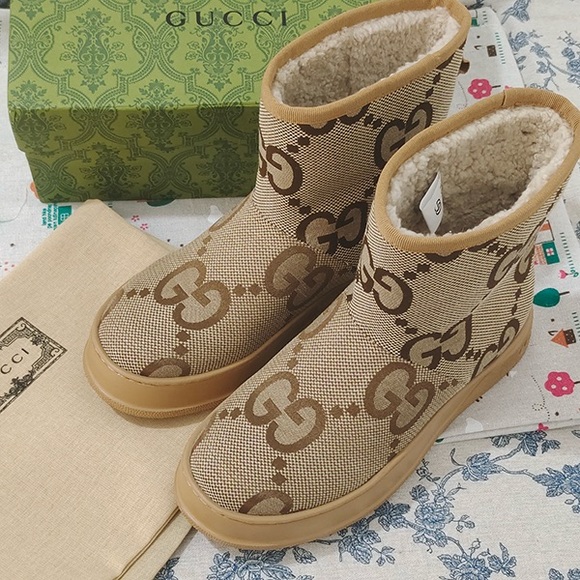Gucci Shoes - Gucci GG Brown Jacquard Fleece-Lined Ankle Boots